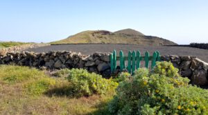Lanzarote – Blick zu Los Helechos, im Vordergrund Lavagarten mit grünem Tor